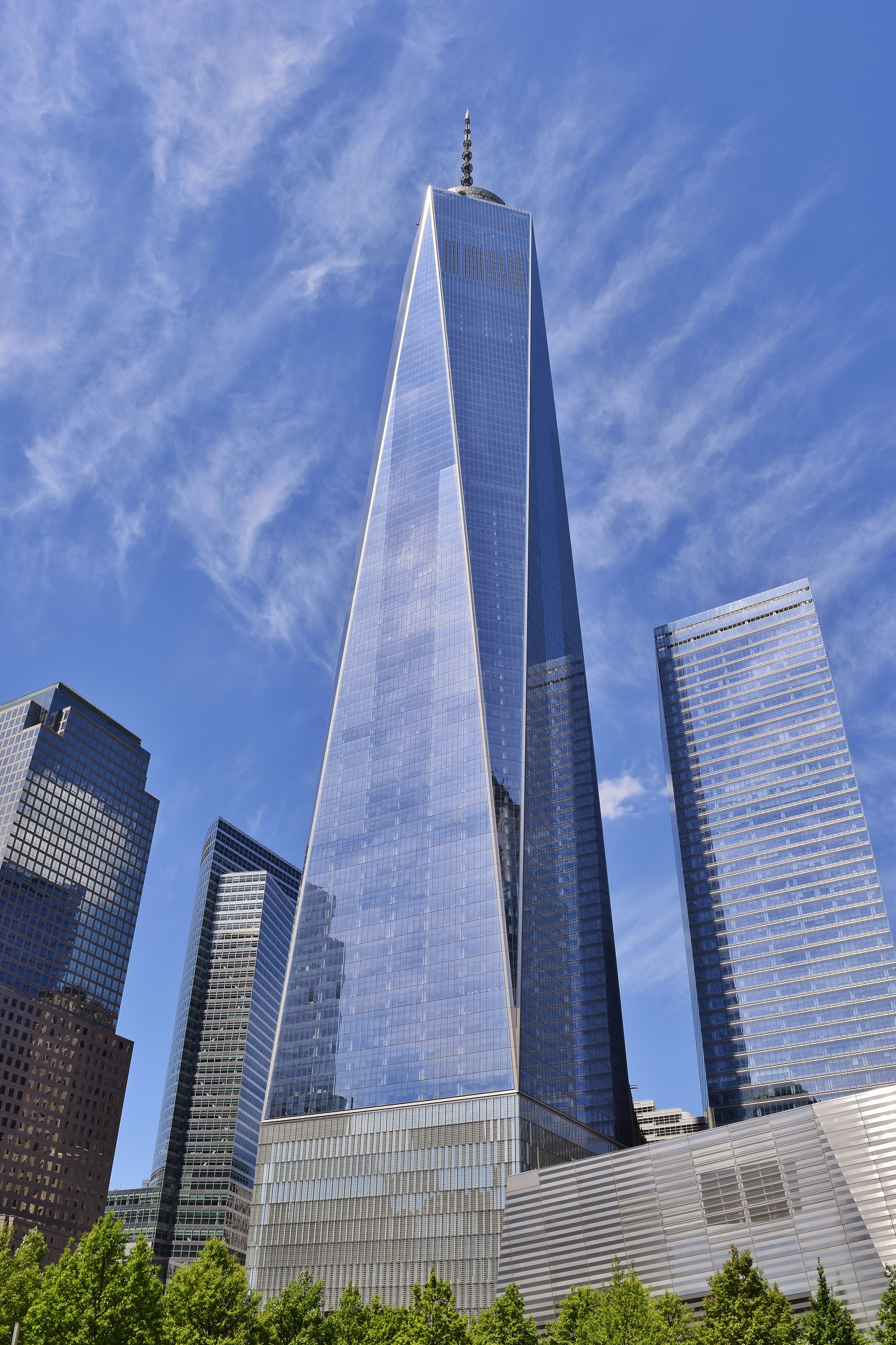 A vertical shot of the Freedom Tower in Lower Manhattan.