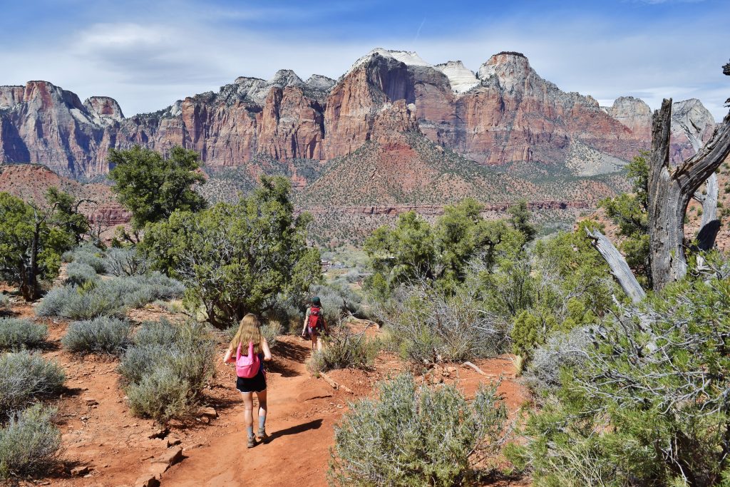 Erin walking on the Watchman Trail in Zion National Park.